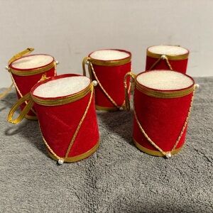 Vintage Set Of 5 Felt Foam Christmas Ornaments Red Drums Retro MCM